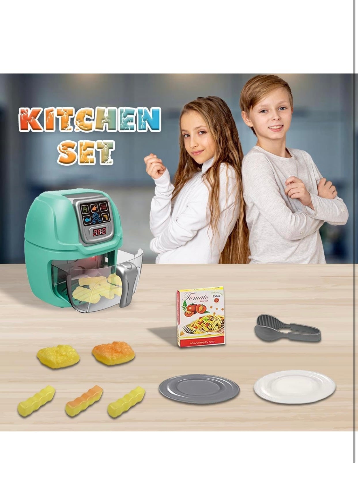 Kids Kitchen Air Fryer Toy Set - Realistic Light & Sound Pretend Play Cooking Set for Boys & Girls, Educational Role Play Kitchen Toy for Toddlers Ages 3+