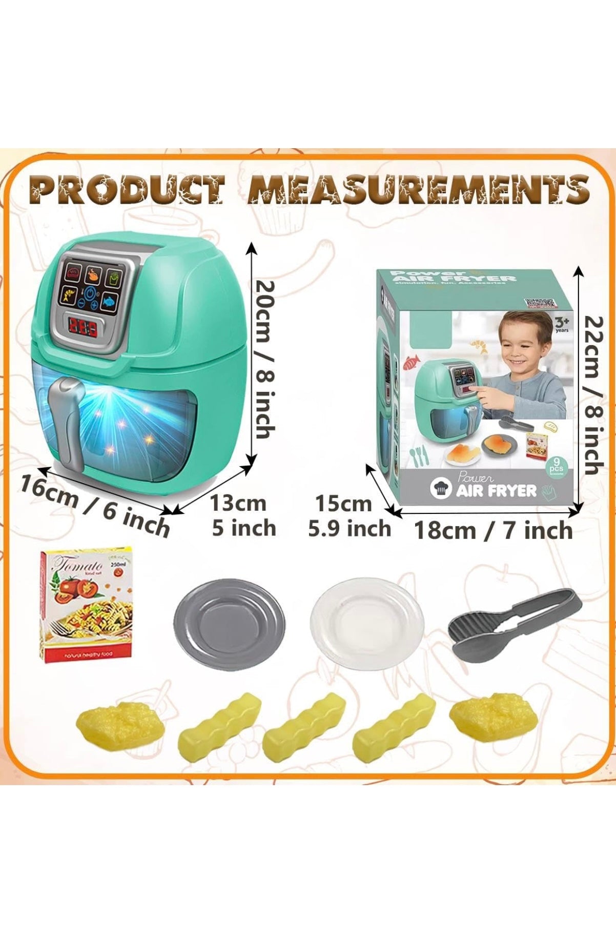 Kids Kitchen Air Fryer Toy Set - Realistic Light & Sound Pretend Play Cooking Set for Boys & Girls, Educational Role Play Kitchen Toy for Toddlers Ages 3+