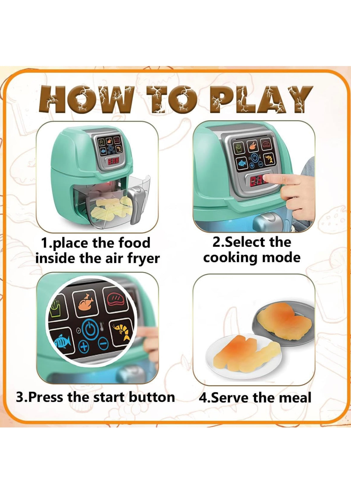 Kids Kitchen Air Fryer Toy Set - Realistic Light & Sound Pretend Play Cooking Set for Boys & Girls, Educational Role Play Kitchen Toy for Toddlers Ages 3+