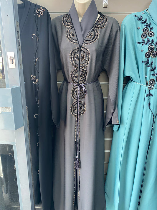 Ladies Grey Abaya with scarf l stone and bead work