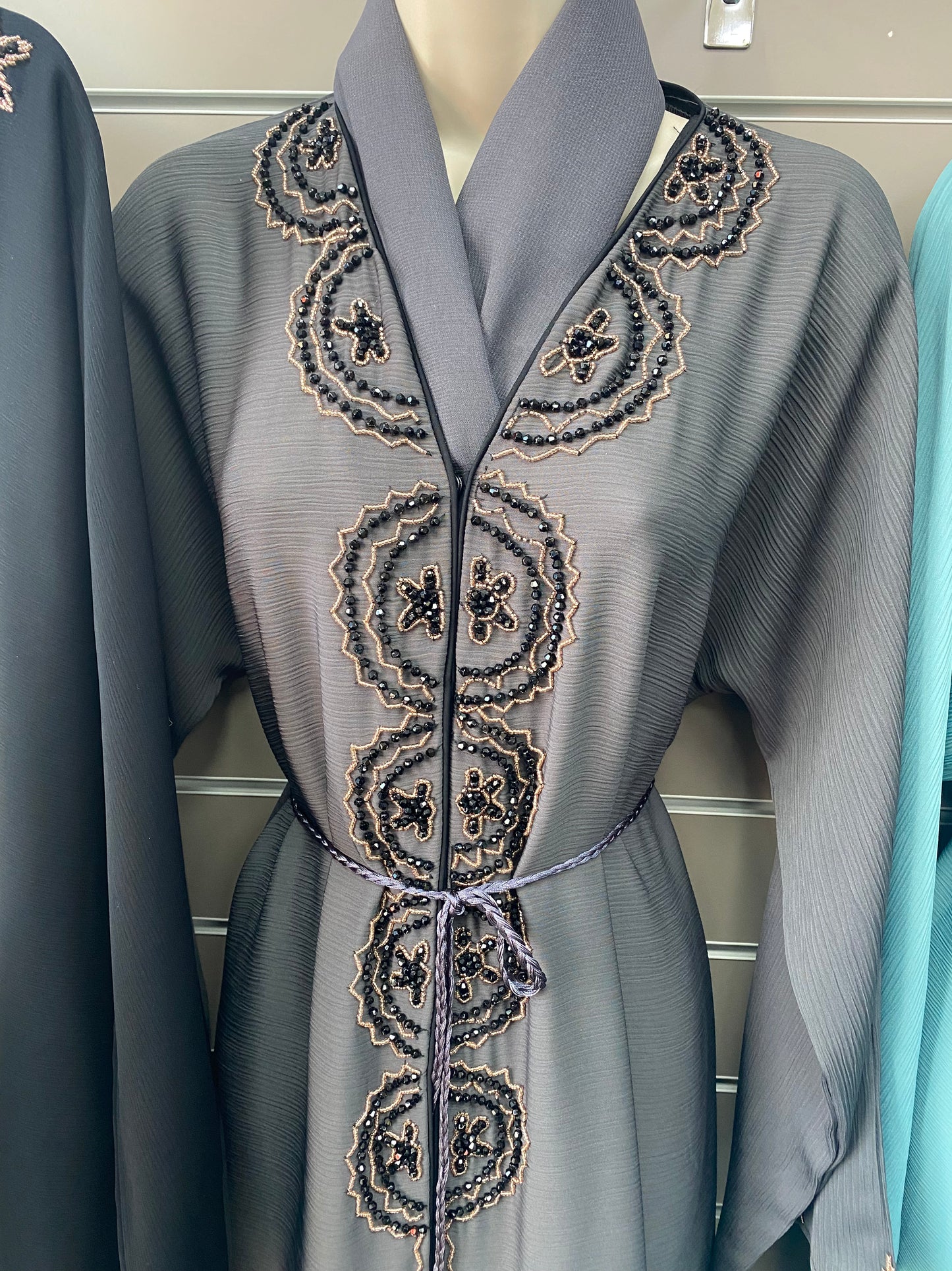 Ladies Grey Abaya with scarf l stone and bead work