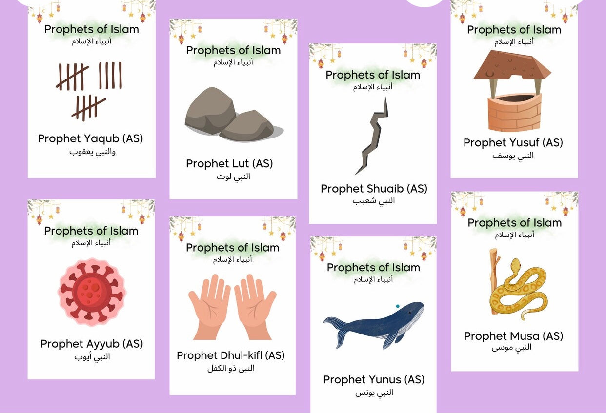 Prophets in Islam pack of 25 colourful laminated cards, great for kids to learn