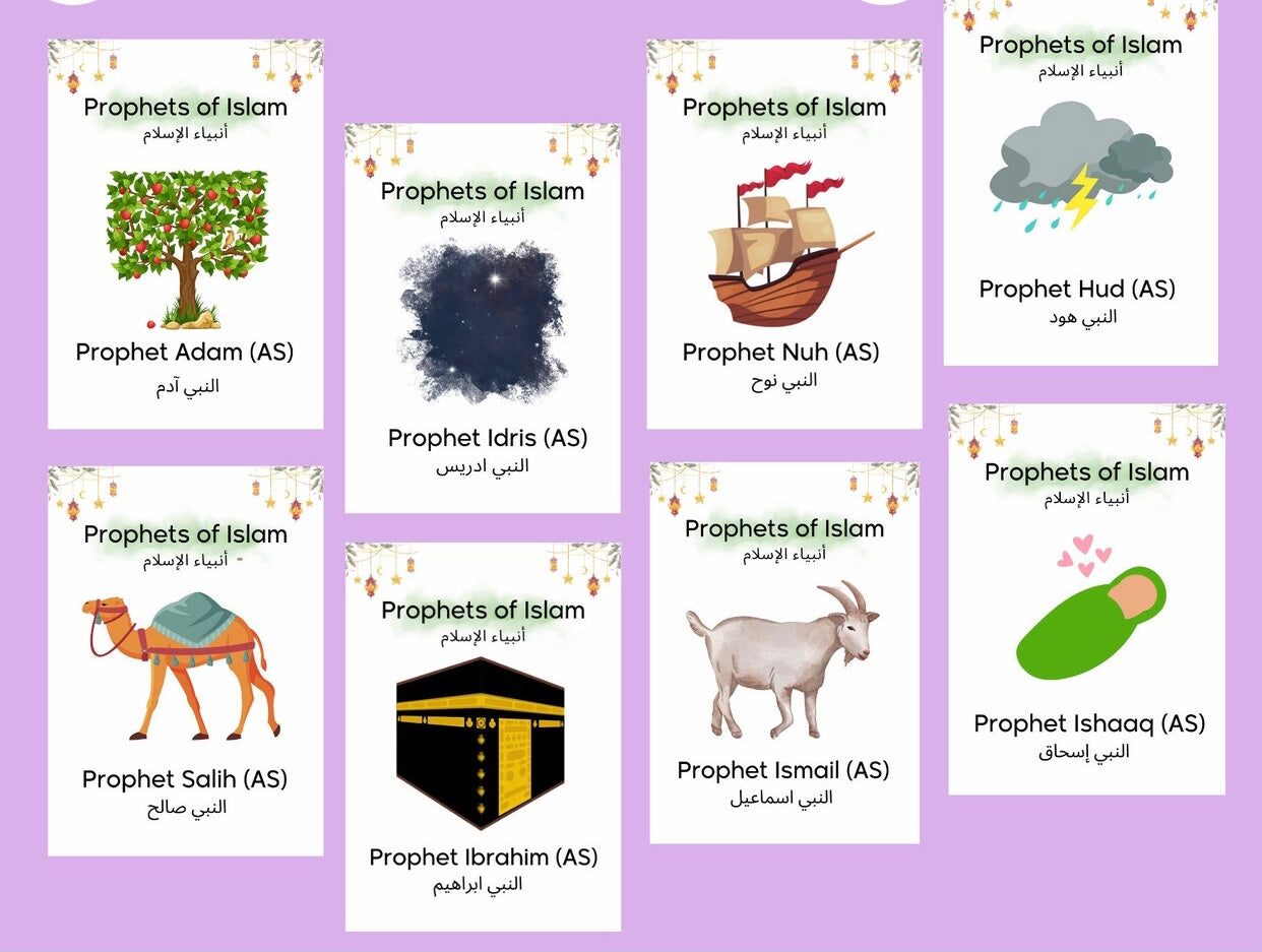 Prophets in Islam pack of 25 colourful laminated cards, great for kids to learn