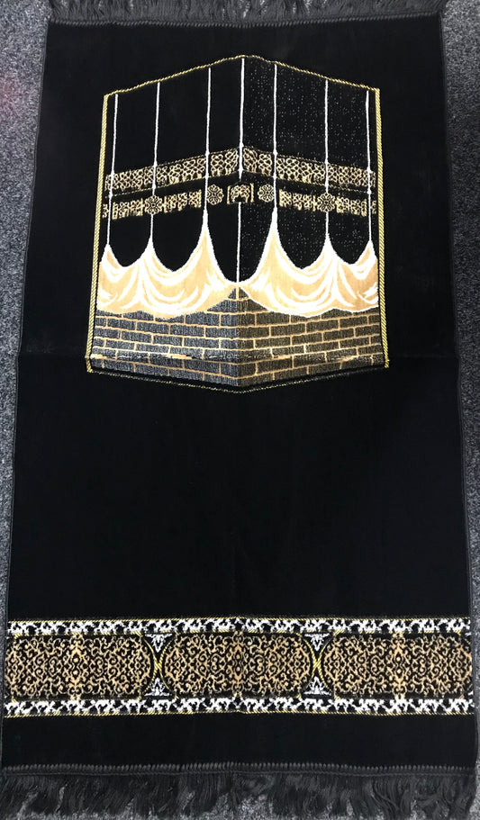 Full size black Islamic prayer mat with kaaba on front